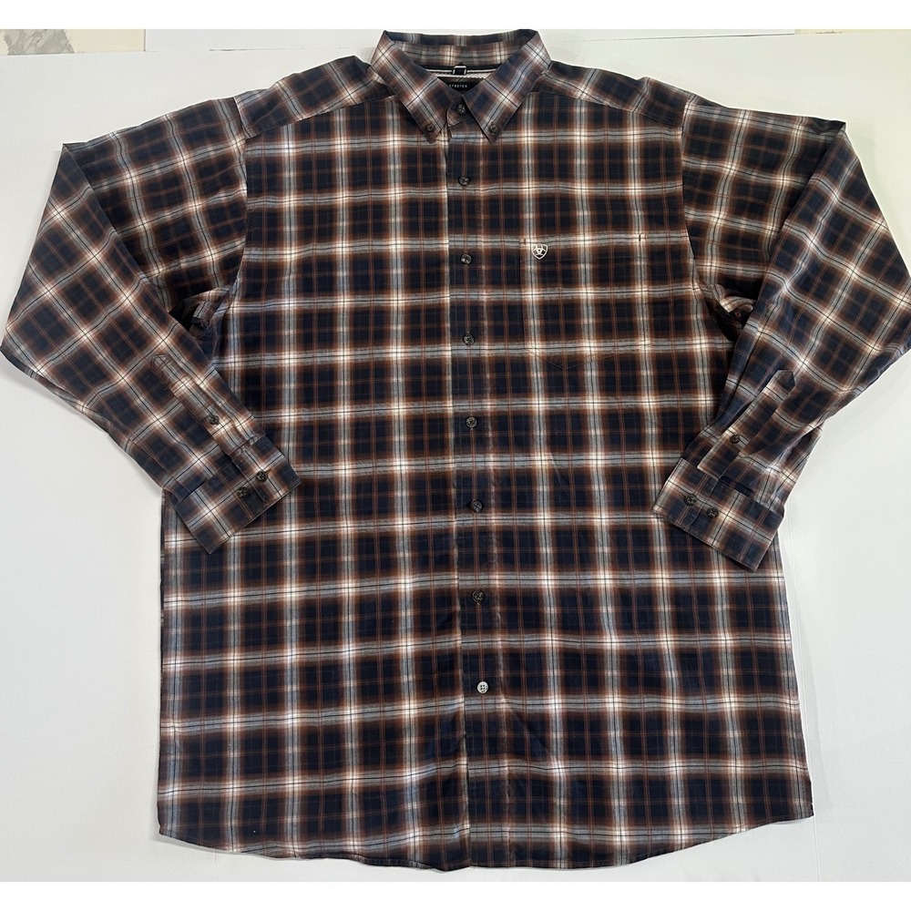 Ariat Pro Series Mens XL Tall Plaid Stretch Long Sleeve Button Down Shirt Brown
